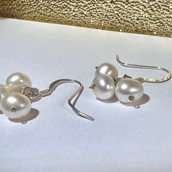 Vintage Solid 925 Sterling Silver drop Dangle earrings with Genuine Pearls - Picture 5 of 10